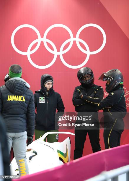 Jazmine Fenlator- Victorian and Carrie Russell of Jamaica prepare for their run during the Women's Bobsleigh training at Olympic Sliding Centre on...