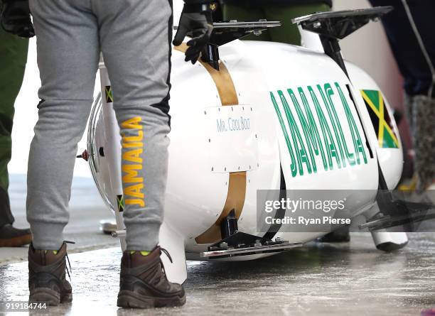 The Bobsled of Jamaica is seen during the Women's Bobsleigh training at Olympic Sliding Centre on February 17, 2018 in Pyeongchang-gun, South Korea.