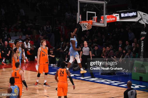 Jaylen Brown of the U.S. Team dunks during the Mtn Dew Kickstart Rising Stars Game during All-Star Friday Night as part of 2018 NBA All-Star Weekend...