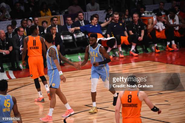 Jaylen Brown of the U.S. Team celebrates during the Mtn Dew Kickstart Rising Stars Game during All-Star Friday Night as part of 2018 NBA All-Star...