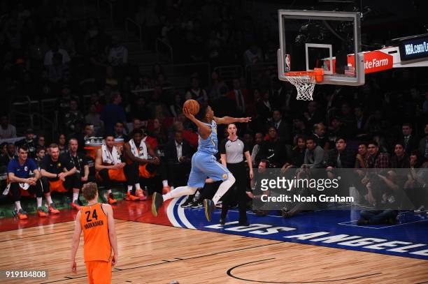Donovan Mitchell of the U.S. Team dunks during the Mtn Dew Kickstart Rising Stars Game during All-Star Friday Night as part of 2018 NBA All-Star...