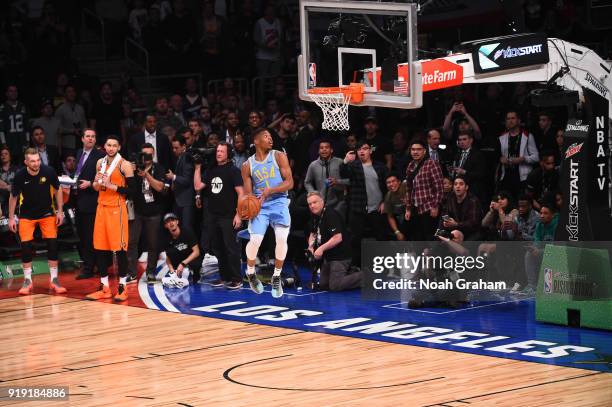 Dennis Smith Jr. #1 of the U.S. Team dunks during the Mtn Dew Kickstart Rising Stars Game during All-Star Friday Night as part of 2018 NBA All-Star...