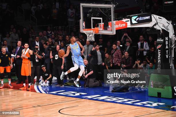 Dennis Smith Jr. #1 of the U.S. Team dunks during the Mtn Dew Kickstart Rising Stars Game during All-Star Friday Night as part of 2018 NBA All-Star...