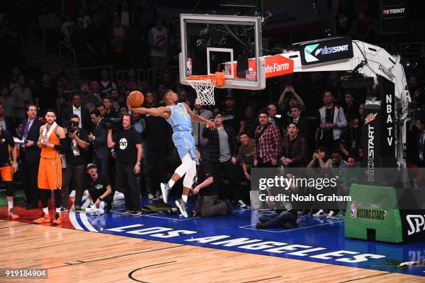 Dennis Smith Jr. #1 of the U.S. Team dunks during the Mtn Dew Kickstart Rising Stars Game during All-Star Friday Night as part of 2018 NBA All-Star...