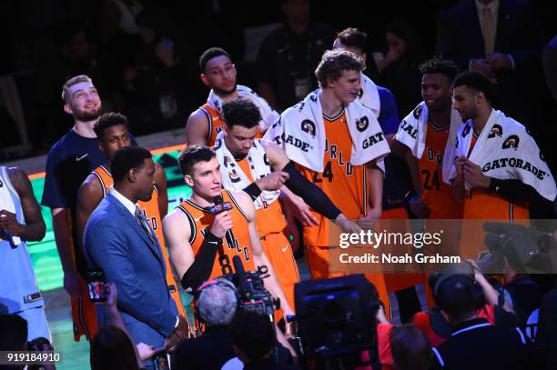 Bogdan Bogdanovic of the World Team wins the MVP trophy during the Mtn Dew Kickstart Rising Stars Game during All-Star Friday Night as part of 2018...