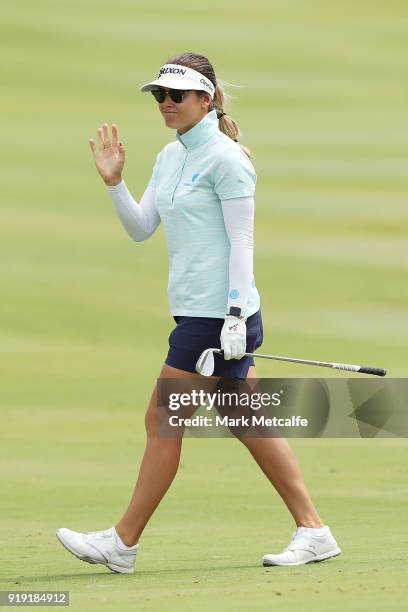 Hannah Green of Australia acknowledges the crowd after playing her approach shot on the 18th hole during day three of the ISPS Handa Australian...