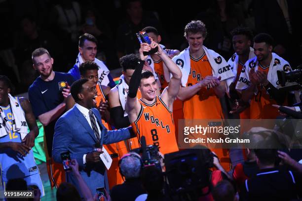 Bogdan Bogdanovic of the World Team wins the MVP trophy during the Mtn Dew Kickstart Rising Stars Game during All-Star Friday Night as part of 2018...