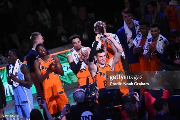 Bogdan Bogdanovic of the World Team wins the MVP trophy during the Mtn Dew Kickstart Rising Stars Game during All-Star Friday Night as part of 2018...