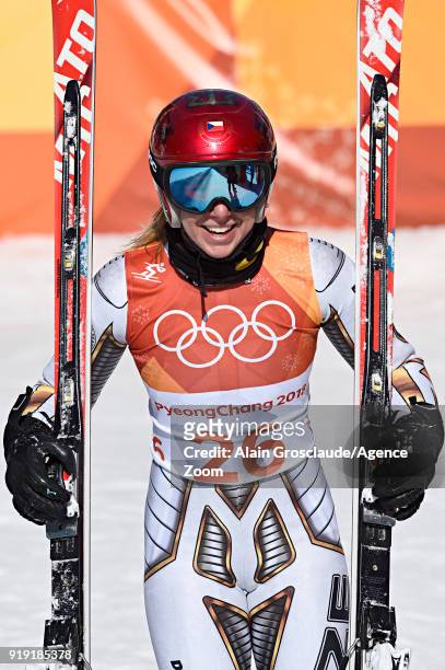 Ester Ledecka of Czech Republic wins the gold medal during the Alpine Skiing Women's Super-G at Jeongseon Alpine Centre on February 17, 2018 in...