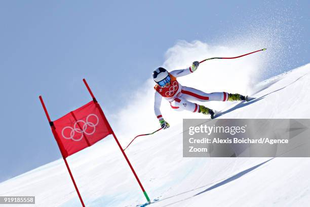 Nicole Schmidhofer of Austria in action during the Alpine Skiing Women's Super-G at Jeongseon Alpine Centre on February 17, 2018 in Pyeongchang-gun,...