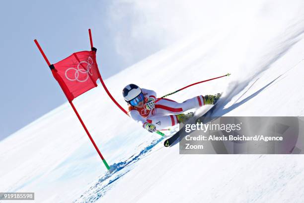 Nicole Schmidhofer of Austria in action during the Alpine Skiing Women's Super-G at Jeongseon Alpine Centre on February 17, 2018 in Pyeongchang-gun,...