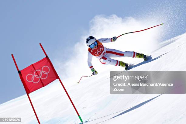 Nicole Schmidhofer of Austria in action during the Alpine Skiing Women's Super-G at Jeongseon Alpine Centre on February 17, 2018 in Pyeongchang-gun,...