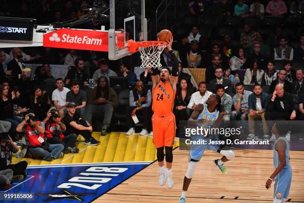 Dillon Brooks of the World Team drives to the basket against the USA Team during the Mountain Dew Kickstart Rising Stars Game during All-Star Friday...