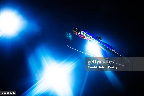 Richard Freitag of Germany soars through the air during the Ski Jumping Men's Large Hill Individual Qualification at Alpensia Ski Jumping Center on...