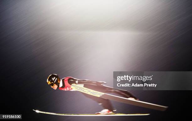 Andreas Wellinger of Germany soars through the air during the Ski Jumping Men's Large Hill Individual Qualification at Alpensia Ski Jumping Center on...