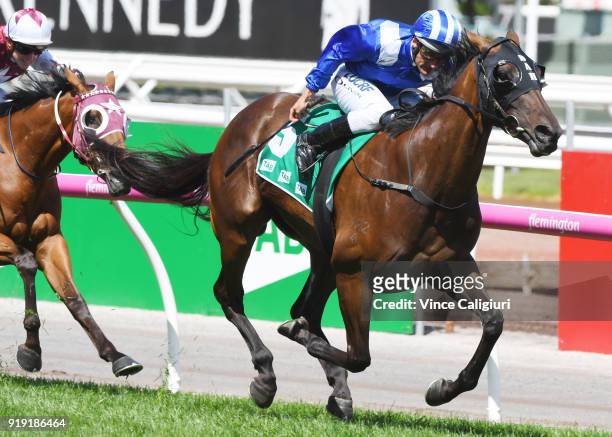 Damien Oliver riding RimRaam wins Race 6 The TAB Vanity during Melbourne Racing at Flemington Racecourse on February 17, 2018 in Melbourne, Australia.