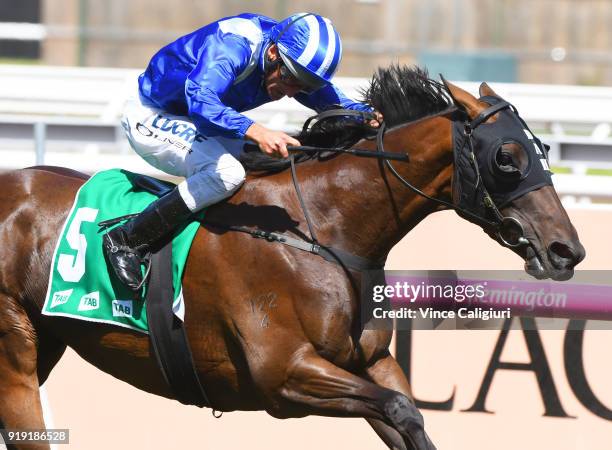 Damien Oliver riding RimRaam wins Race 6 The TAB Vanity during Melbourne Racing at Flemington Racecourse on February 17, 2018 in Melbourne, Australia.