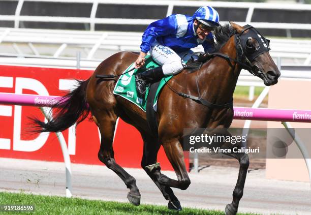 Damien Oliver riding RimRaam wins Race 6 The TAB Vanity during Melbourne Racing at Flemington Racecourse on February 17, 2018 in Melbourne, Australia.