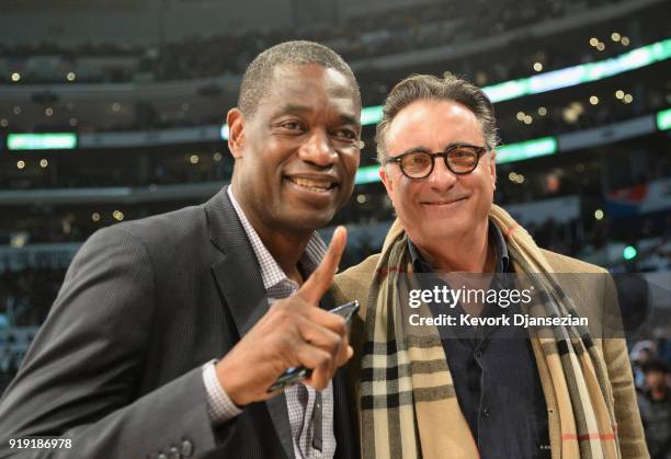 Dikembe Mutombo and Andy Garcia attend the 2018 Mountain Dew Kickstart Rising Stars Game at Staples Center on February 16, 2018 in Los Angeles,...