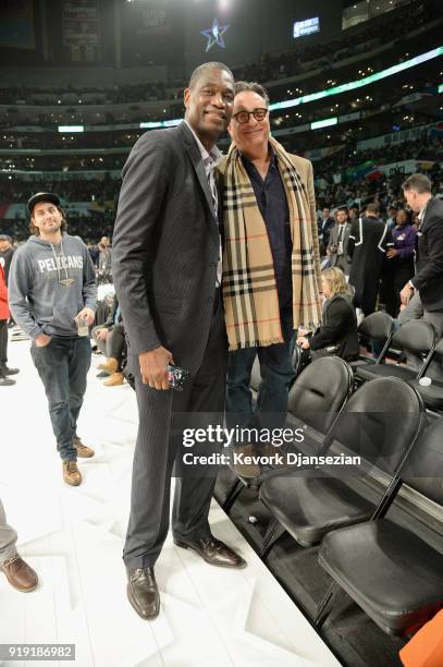 Dikembe Mutombo and Andy Garcia attend the 2018 Mountain Dew Kickstart Rising Stars Game at Staples Center on February 16, 2018 in Los Angeles,...