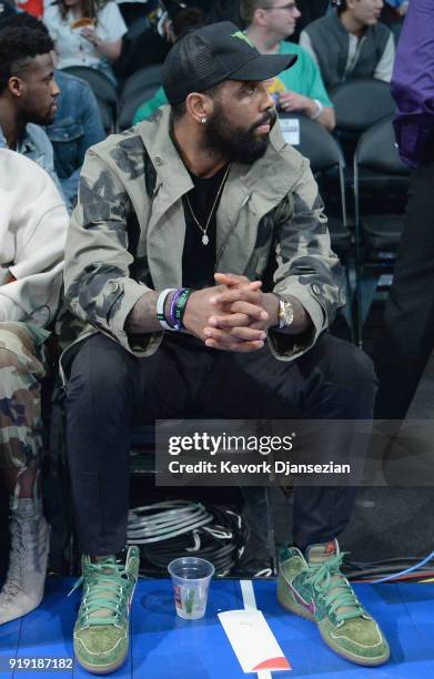 Kyrie Irving attends the 2018 Mountain Dew Kickstart Rising Stars Game at Staples Center on February 16, 2018 in Los Angeles, California.