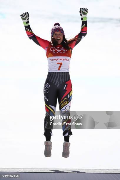 Bronze medallist Tina Weirather of Liechtenstein celebrates during the victory ceremony for the Alpine Skiing Ladies Super-G on day eight of the...