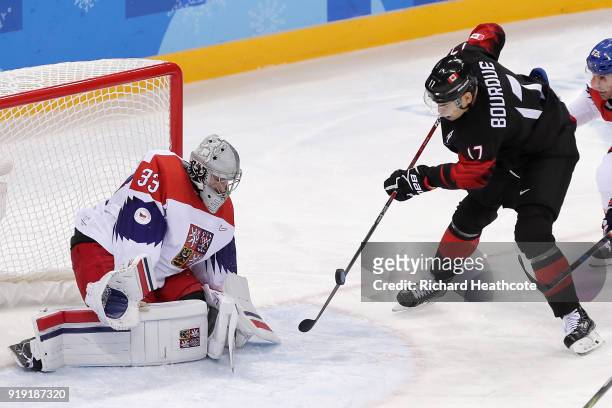 Rene Bourque of Canada makes a shot on Pavel Francouz of the Czech Republic in the second period during the Men's Ice Hockey Preliminary Round Group...