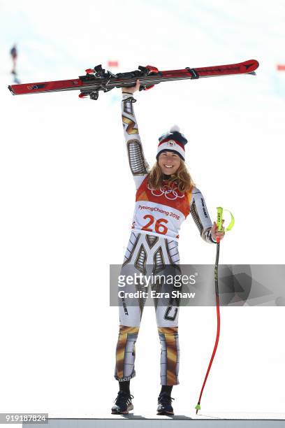 Gold medallist Ester Ledecka of the Czech Republic celebrates during the victory ceremony for the Alpine Skiing Ladies Super-G on day eight of the...