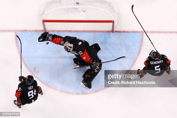 Ben Scrivens of Canada makes a save against Czech Republic in the second period during the Men's Ice Hockey Preliminary Round Group A game on day...