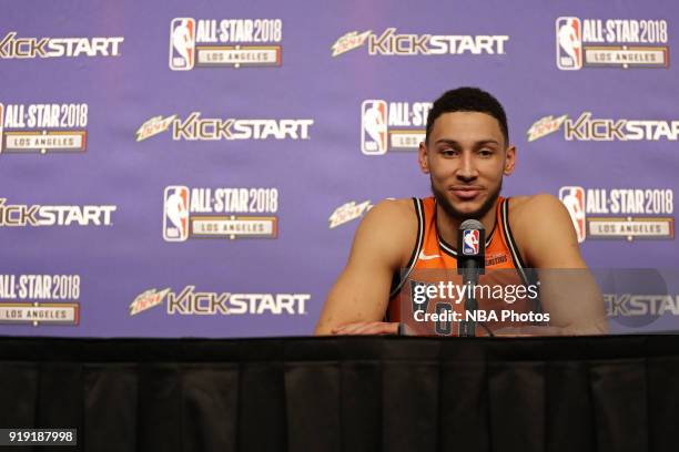 Ben Simmons of Team World talks to the media during a press conference after the Mountain Dew Kickstart Rising Stars Game as part of All-Star Friday...