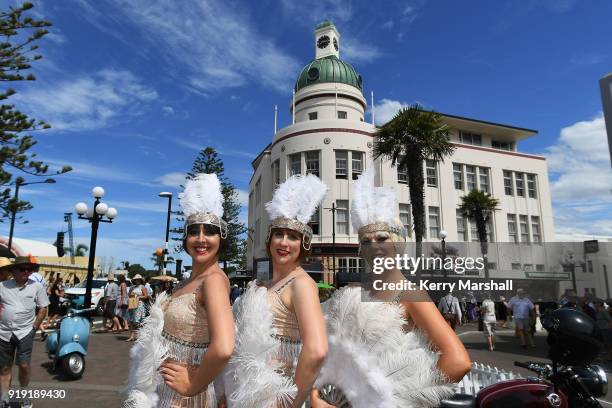 Ladies dressed in period costume pose for a photograph during the Art Deco Festival on February 17, 2018 in Napier, New Zealand. The annual five day...
