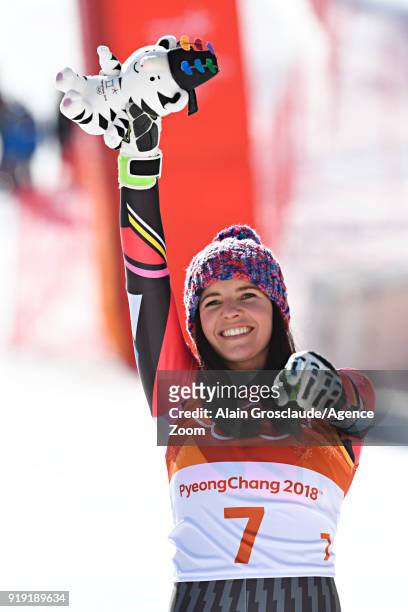 Tina Weirather of Liechtenstein wins the bronze medal during the Alpine Skiing Women's Super-G at Jeongseon Alpine Centre on February 17, 2018 in...