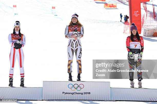 Anna Veith of Austria wins the silver medal, Ester Ledecka of Czech Republic wins the gold medal, Tina Weirather of Liechtenstein wins the bronze...