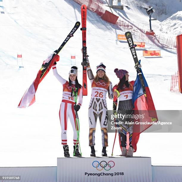 Anna Veith of Austria wins the silver medal, Ester Ledecka of Czech Republic wins the gold medal, Tina Weirather of Liechtenstein wins the bronze...