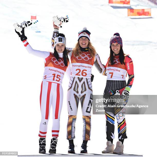 Anna Veith of Austria wins the silver medal, Ester Ledecka of Czech Republic wins the gold medal, Tina Weirather of Liechtenstein wins the bronze...