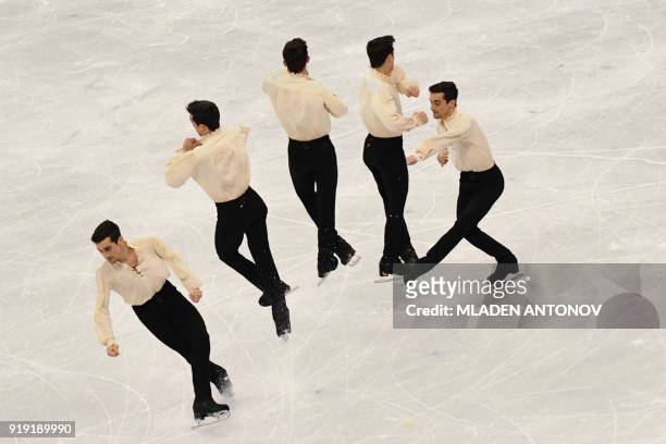 This multiple exposure image shows Spain's Javier Fernandez competing in the men's single skating free skating of the figure skating event during the...