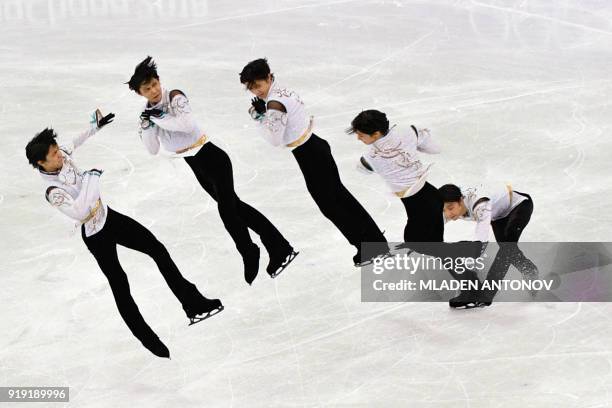 This multiple exposure image shows Japan's Yuzuru Hanyu competing in the men's single skating free skating of the figure skating event during the...