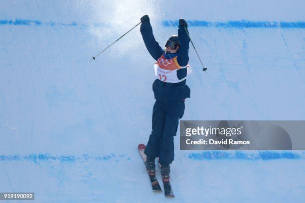 Isabel Atkin of Great Britain celebrates her final run during the Freestyle Skiing Ladies' Ski Slopestyle final on day eight of the PyeongChang 2018...