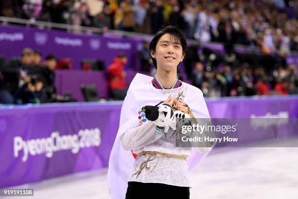 Gold medal winner Yuzuru Hanyu of Japan celebrates during the victory ceremony for the Men's Single Free Program on day eight of the PyeongChang 2018...