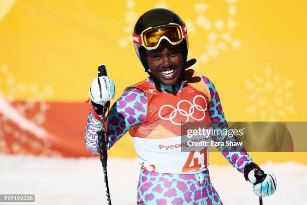 Sabrina Simader of Kenya reacts in the finish area during the Alpine Skiing Ladies Super-G on day eight of the PyeongChang 2018 Winter Olympic Games...