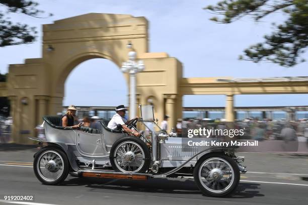 Vintage car takes people for rides during the Art Deco Festival on February 17, 2018 in Napier, New Zealand. The annual five day festival celebrates...