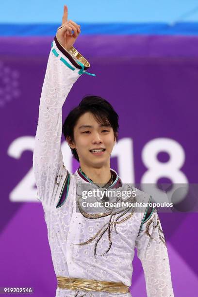 Gold medal winner Yuzuru Hanyu of Japan celebrates during the victory ceremony for the Men's Single Free Program on day eight of the PyeongChang 2018...