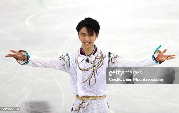 Gold medal winner Yuzuru Hanyu of Japan celebrates during the victory ceremony for the Men's Single Free Program on day eight of the PyeongChang 2018...