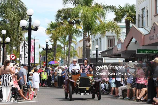 Crowds line the street to watch the vintage car parade during the Art Deco Festival on February 17, 2018 in Napier, New Zealand. The annual five day...