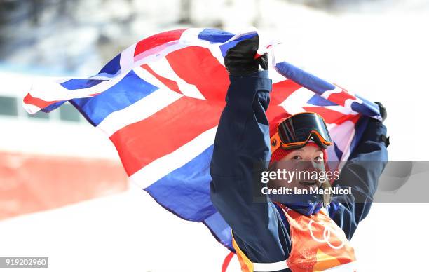 Isabel Atkin of Great Britain is seen after placing third during the Freestyle Skiing on day eight of the PyeongChang 2018 Winter Olympic Games at...