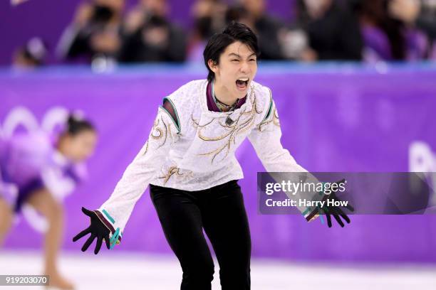 Yuzuru Hanyu of Japan reacts after competing during the Men's Single Free Program on day eight of the PyeongChang 2018 Winter Olympic Games at...