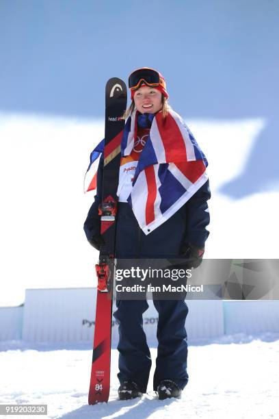 Isabel Atkin of Great Britain is seen after placing third during the Freestyle Skiing on day eight of the PyeongChang 2018 Winter Olympic Games at...