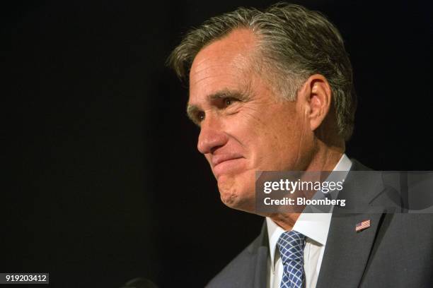 Mitt Romney, former Governor of Massachusetts, pauses during a keynote address at the Utah County Republican Party Lincoln Day Dinner in Provo, Utah,...