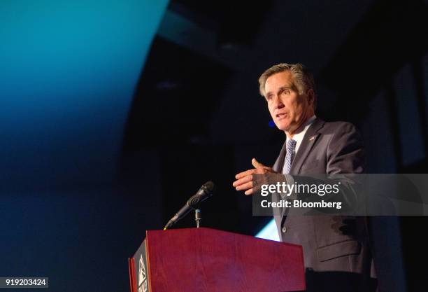 Mitt Romney, former Governor of Massachusetts, speaks during a keynote address at the Utah County Republican Party Lincoln Day Dinner in Provo, Utah,...