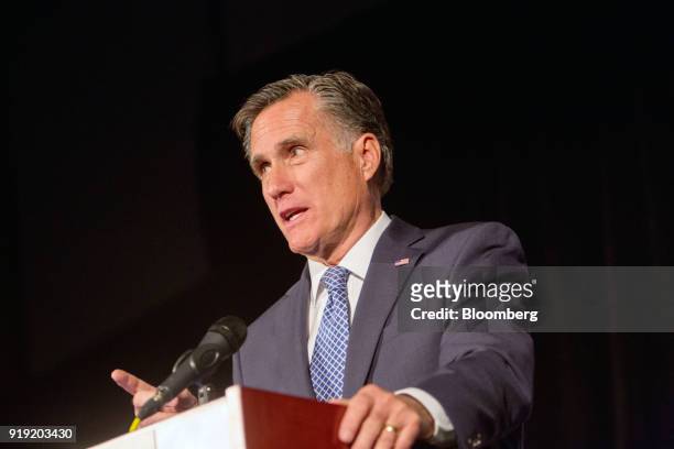 Mitt Romney, former Governor of Massachusetts, speaks during a keynote address at the Utah County Republican Party Lincoln Day Dinner in Provo, Utah,...